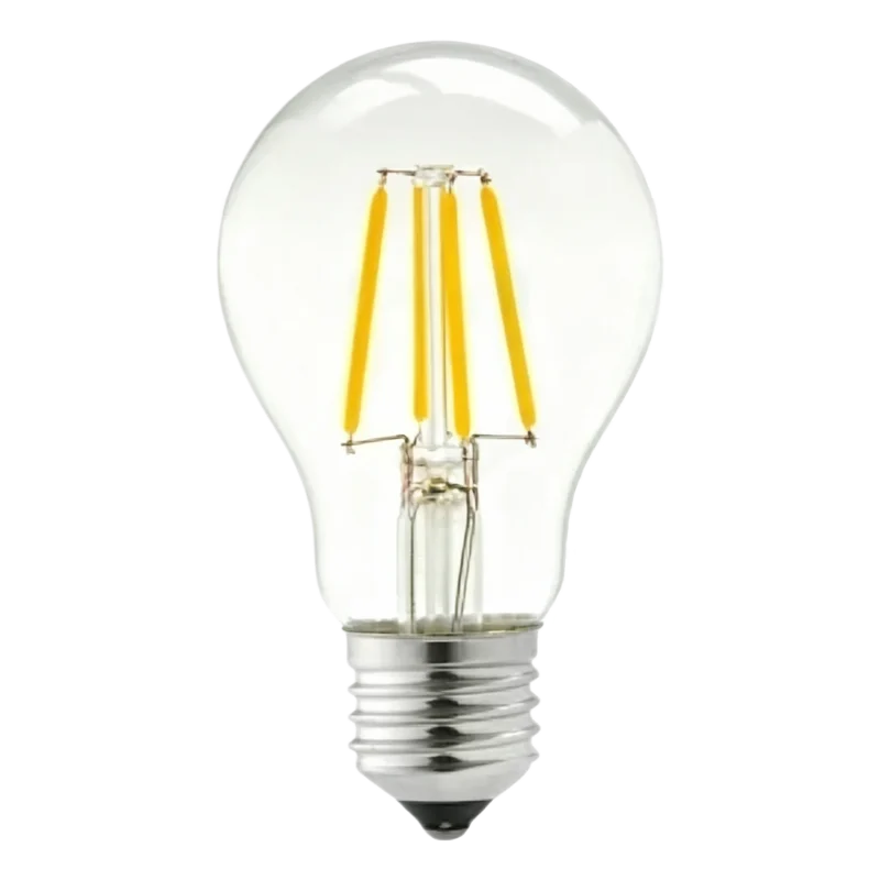 A60 LED Filament Bulb in E27 base with clear glass and visible LED filaments