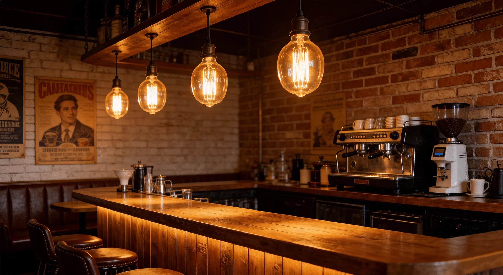 A60 LED Filament Bulb hanging in restaurant pendant lights for warm vintage ambiance