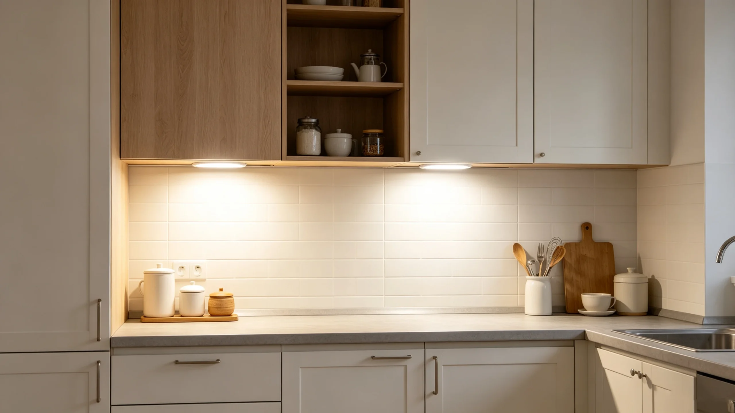 GX53 LED Cabinet Light installed under kitchen cabinet illuminating countertop