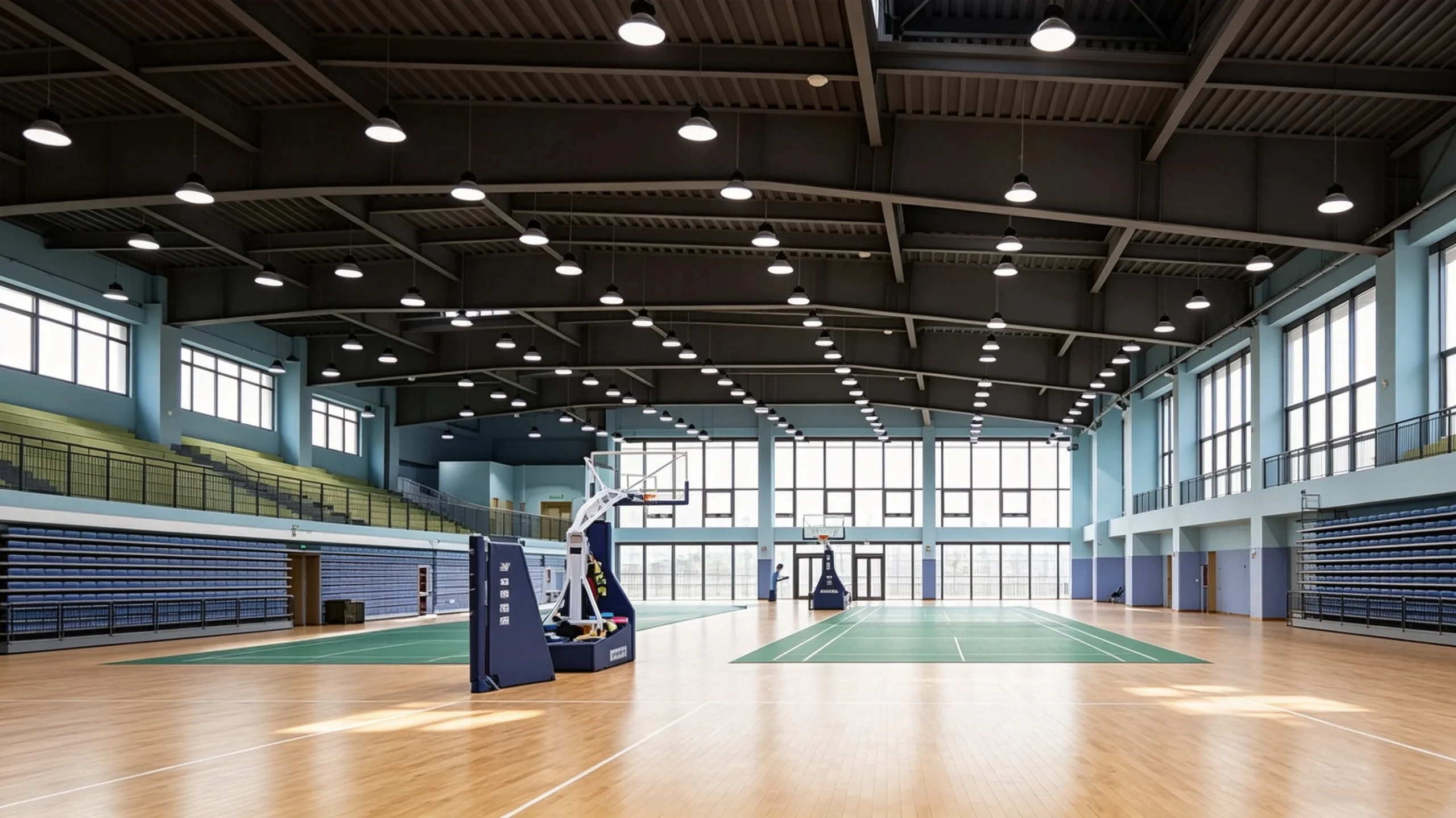 T80 bulb installed for high‑bay lighting in large indoor stadium sports hall, bright uniform venue illumination