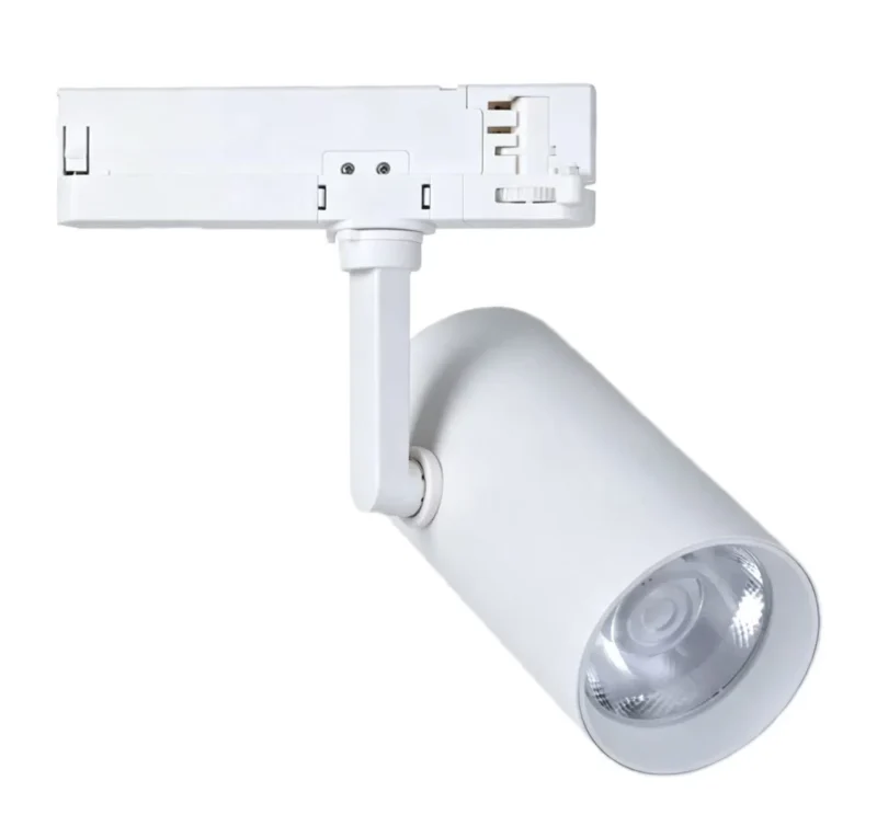 COB LED Track Light with white die-cast aluminum body and standard track adapter on white background