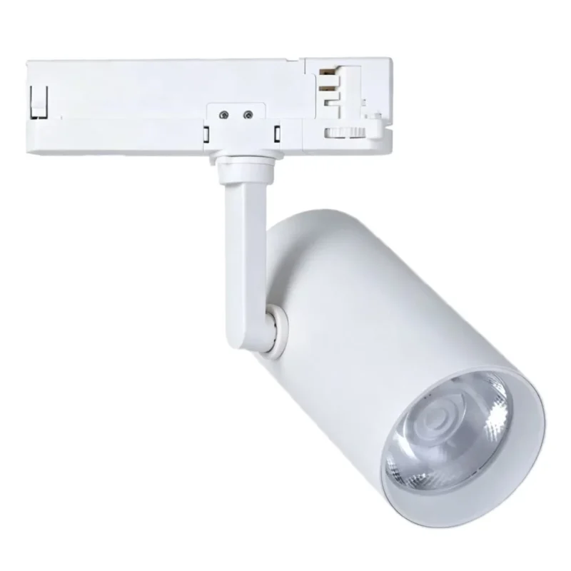 COB LED Track Light with white die-cast aluminum body and standard track adapter on white background