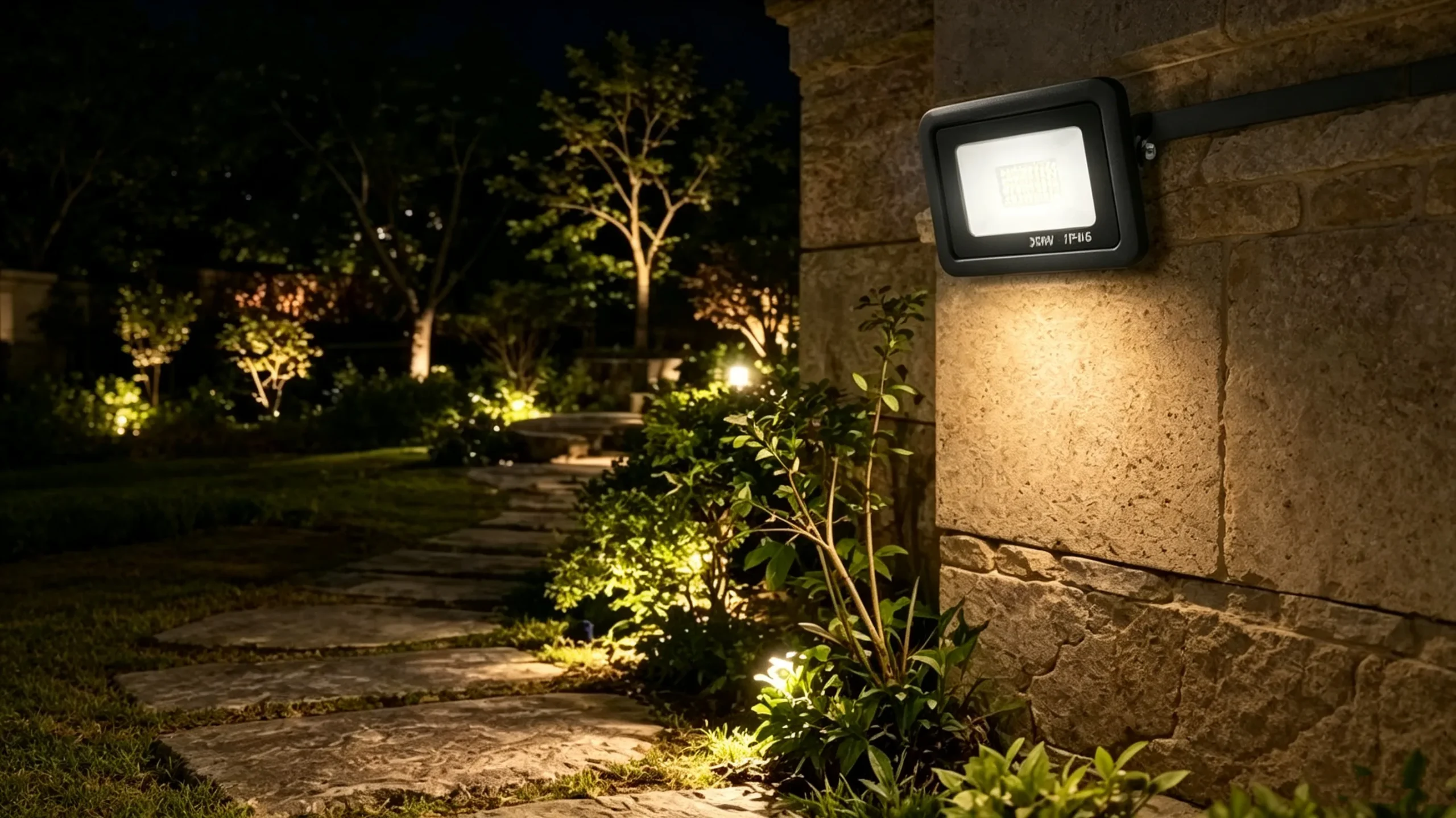 CRI 90 LED Flood Light mounted on warehouse wall illuminating industrial yard at night