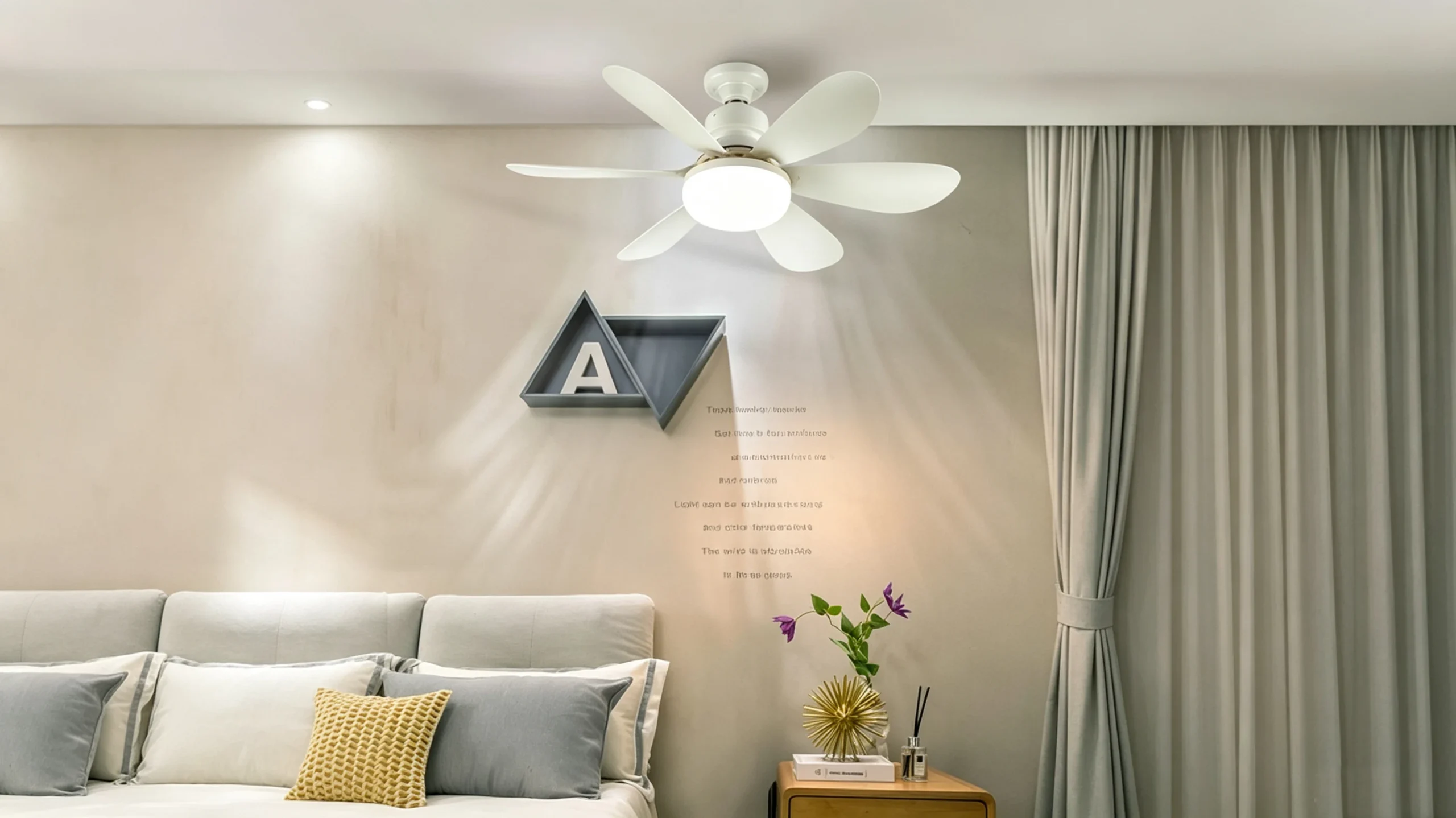 Fixed Blade LED Fan Light installed in bedroom ceiling with warm 2700K light setting