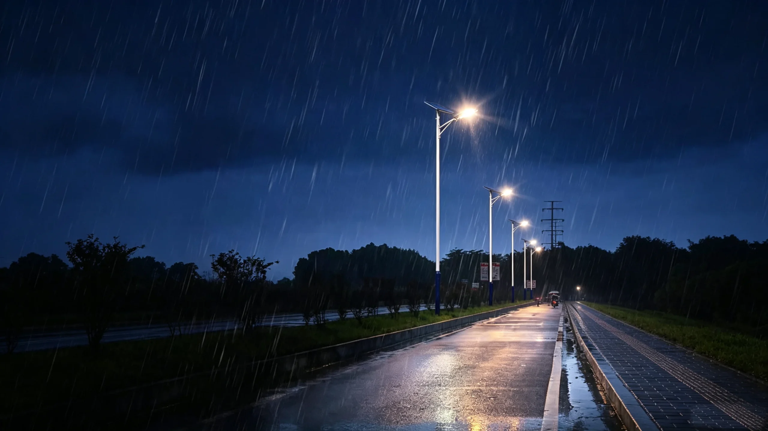 olar LED Street Light mounted on pole illuminating rural roadway at night
