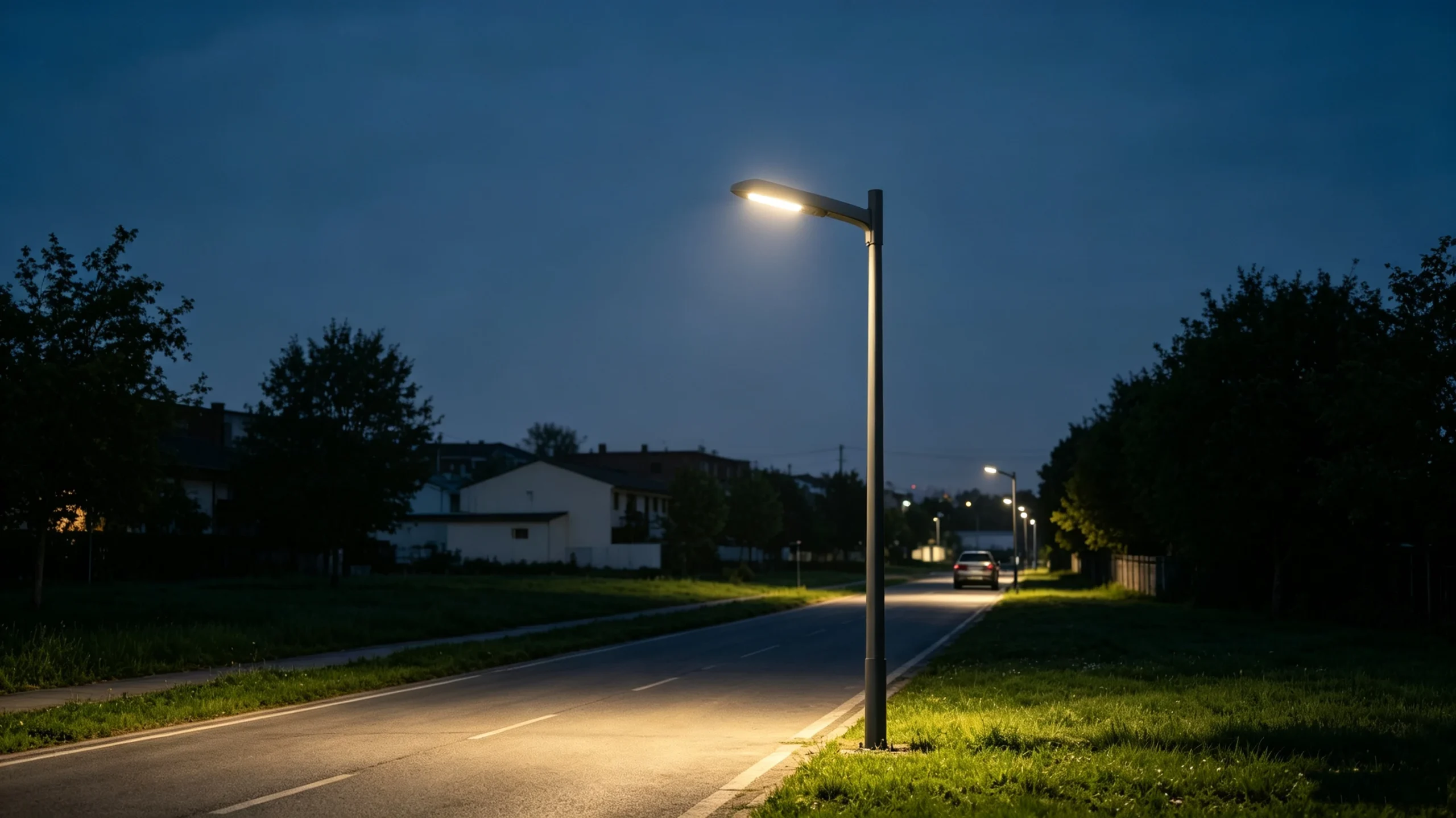 Solar Powered Street Light mounted on pole illuminating rural roadway at night